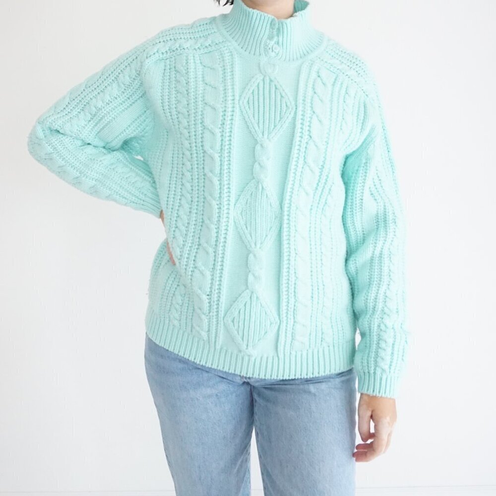 Vintage Joan Harper Pastel Mint Knit Grandmacore Mockneck Sweater S
